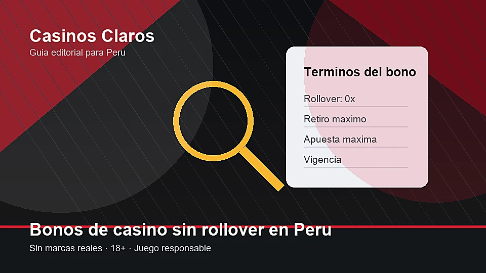 Persona revisando condiciones de un bono de casino sin rollover con lupa y documentos