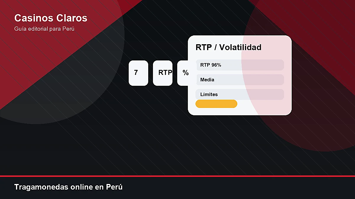 Pantalla abstracta de tragamonedas online con indicadores de RTP y volatilidad en Perú